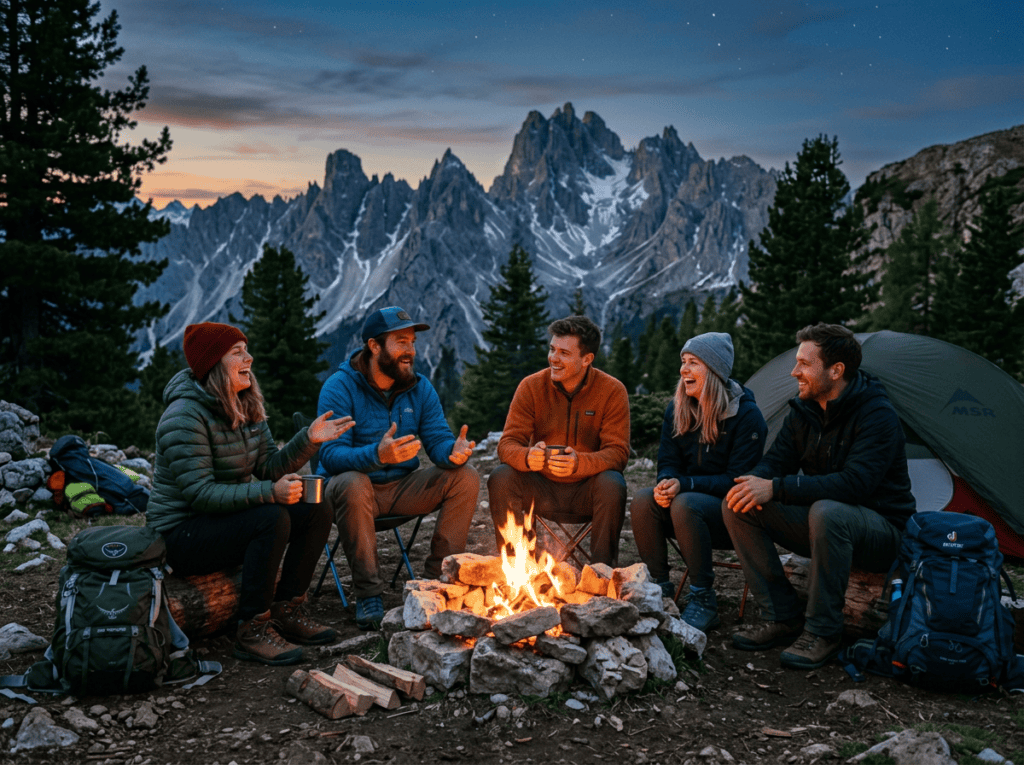 Group of five adults sitting around a campfire near tents in mountainous forest