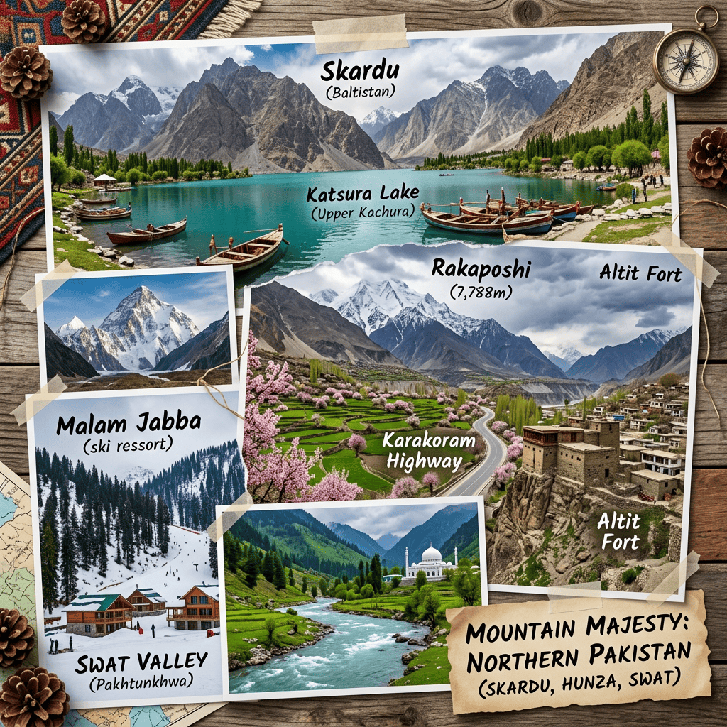 Collage of Skardu’s Katsura Lake, Malam Jabba ski resort, Rakaposhi mountain, Karakoram Highway, and Altit Fort in Northern Pakistan