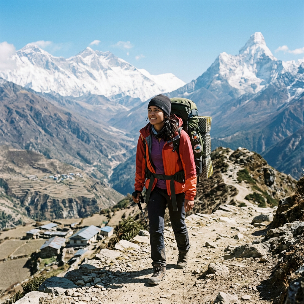Woman trekking on rocky mountain path with large backpack and snowy Himalayan peaks behind