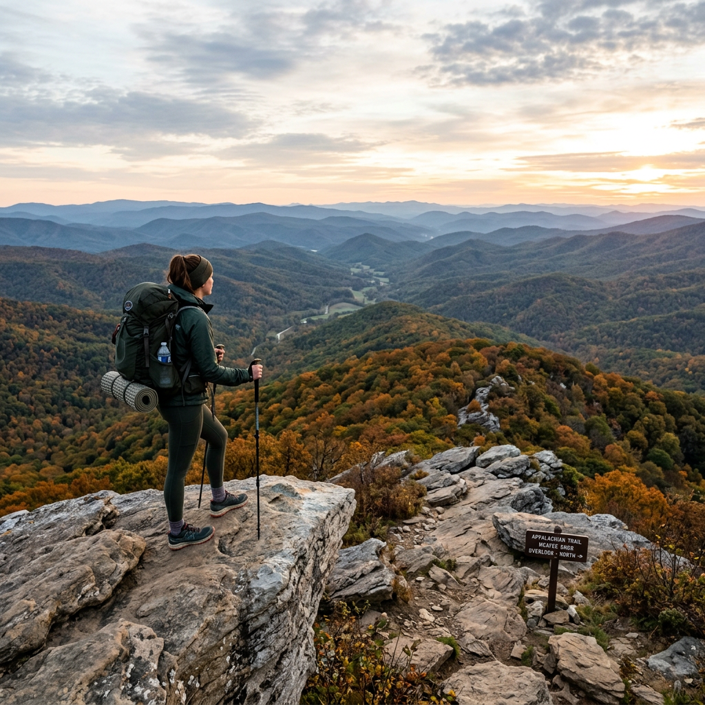 Hiker standing on rocky cliff looking out over forested Appalachian Mountains with sunset sky