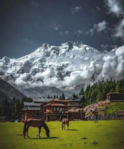 Wooden cabin beside a rocky stream with Nanga Parbat snow face behind, Fairy Meadows trek