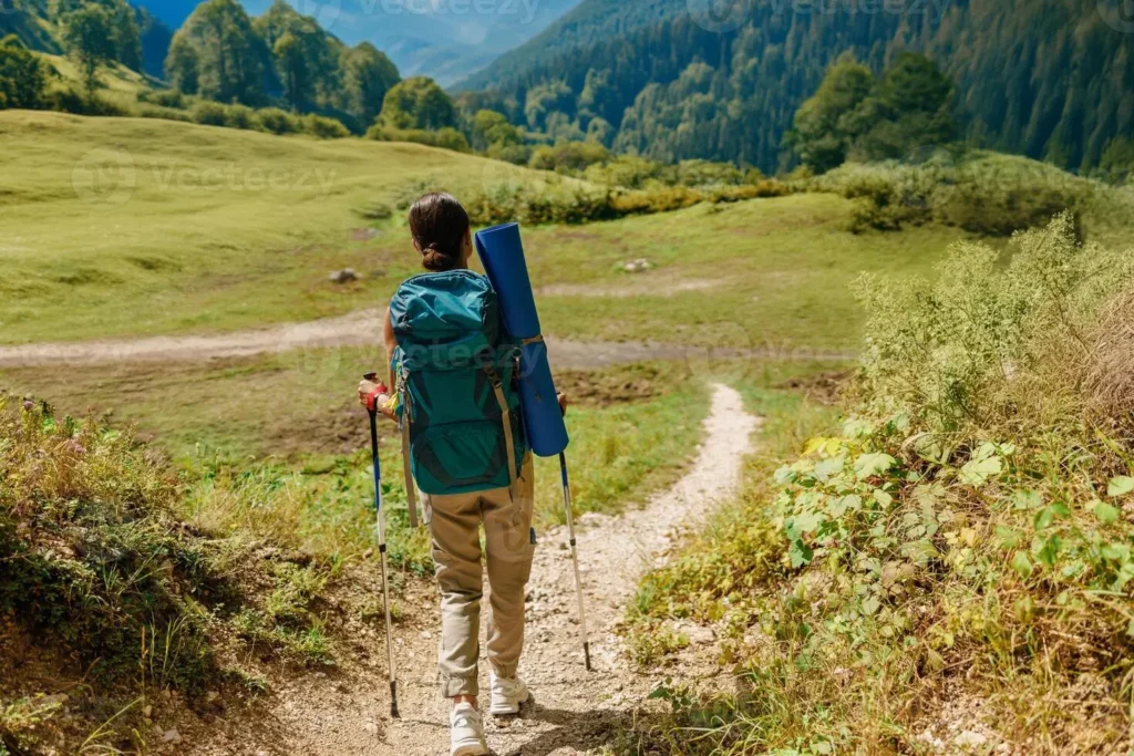 Hiker with a teal backpack and blue cap looking across a grass meadow and pine trees, solo backpacking lessons