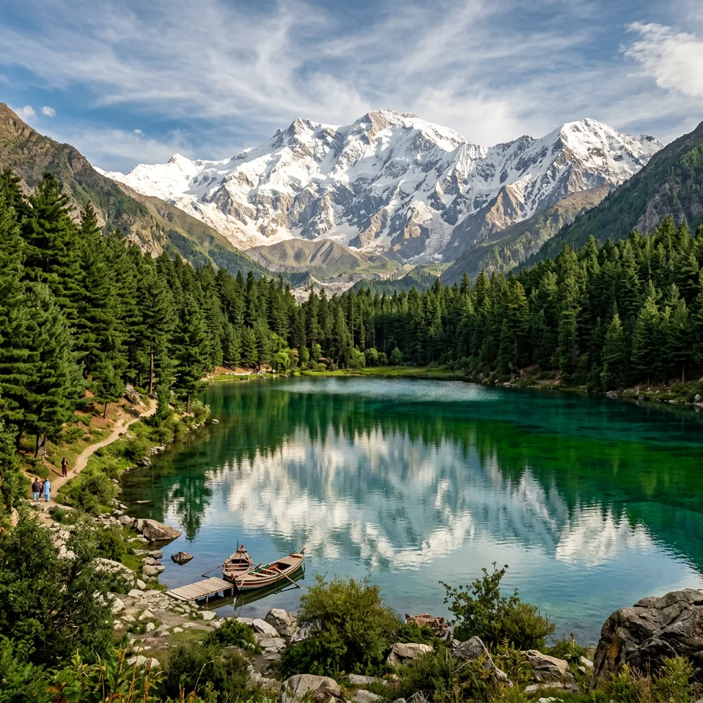 Clear mountain lake reflecting snow-covered peaks and pine forest