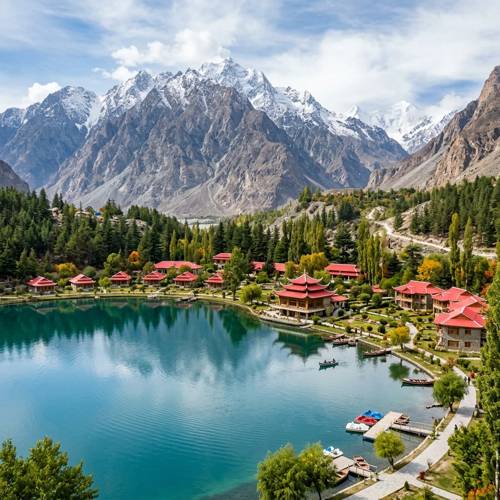 Mountain resort with red roofs along turquoise lake and snow-covered peaks