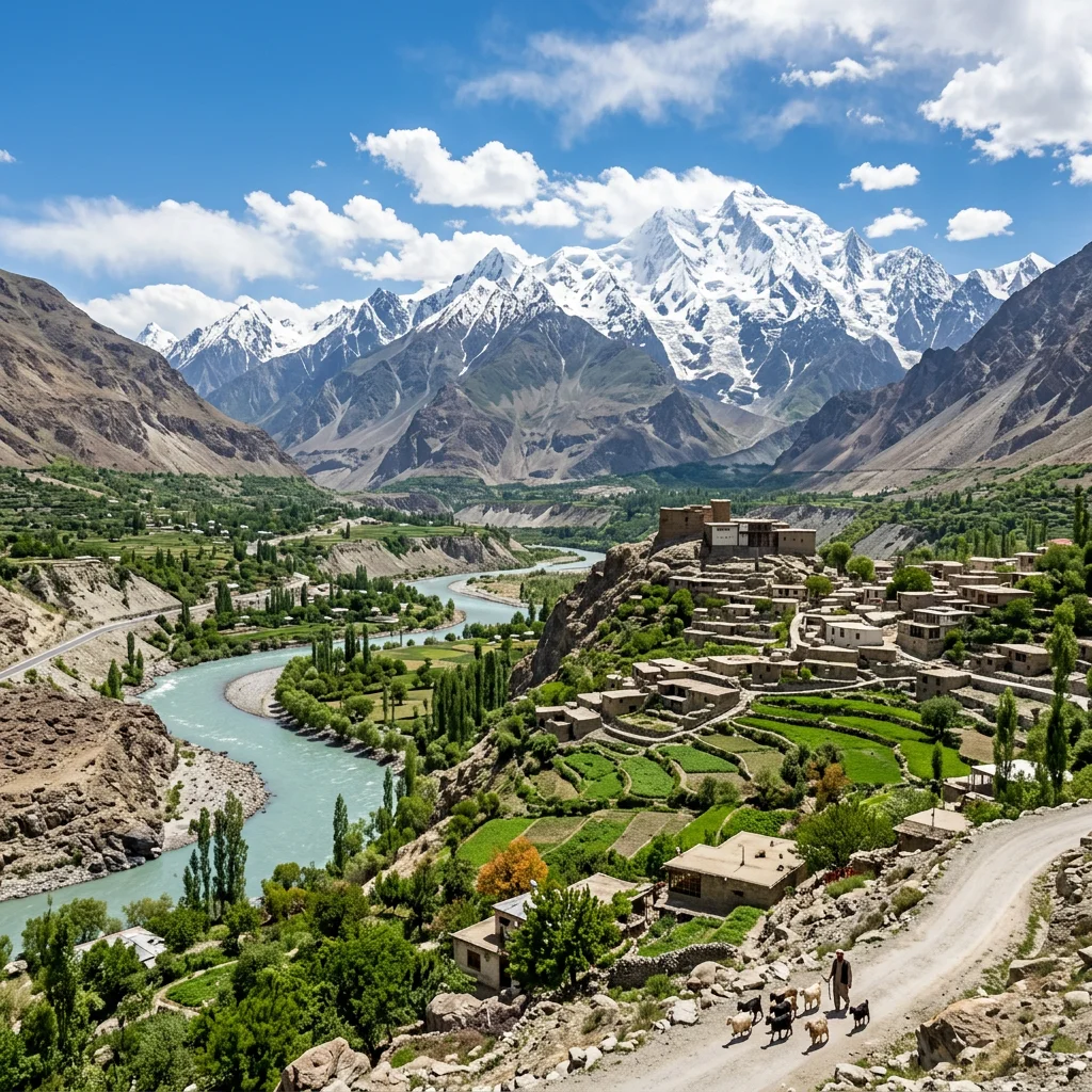 Mountain village with river, terraced fields, and snow-covered peaks